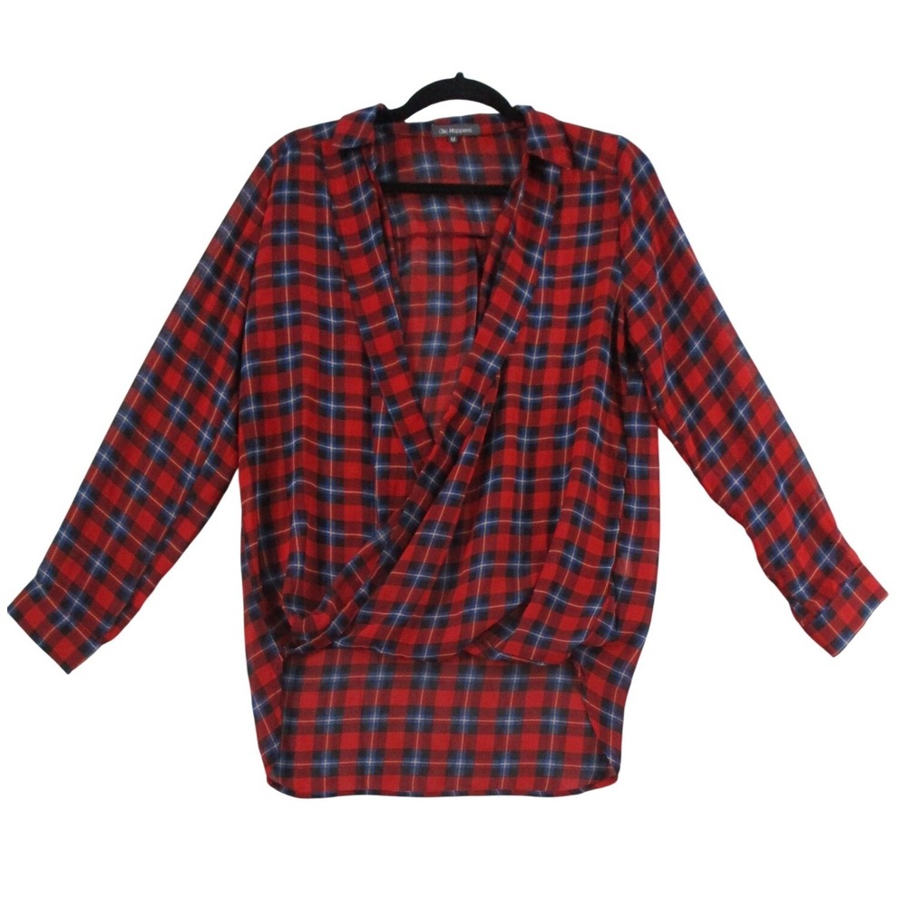 Chic Happens Red Blue Plaid Surplice Draped High Low Blouse Womens Medium - Picture 1 of 10